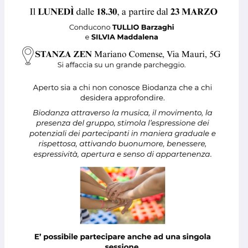 Percorso di Biodanza a Mariano Comense lunedì  ore 18.30 condotto da Silvia Maddalena e Tullio Barzaghi